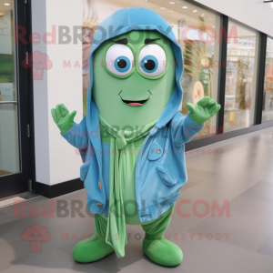 Blue Green Bean mascot costume character dressed with a Overalls and Shawl pins