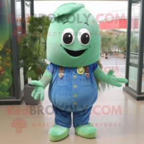 Blue Green Bean mascot costume character dressed with a Overalls and Shawl pins