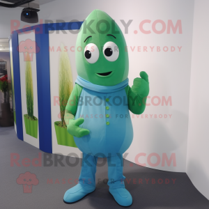 Blue Green Bean mascot costume character dressed with a Overalls and Shawl pins