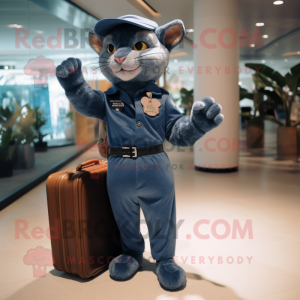 Navy Jaguarundi mascot costume character dressed with a Overalls and Briefcases