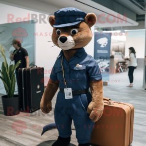 Navy Jaguarundi mascot costume character dressed with a Overalls and Briefcases