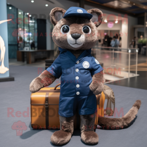Navy Jaguarundi mascot costume character dressed with a Overalls and Briefcases