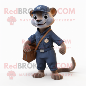 Navy Jaguarundi mascot costume character dressed with a Overalls and Briefcases