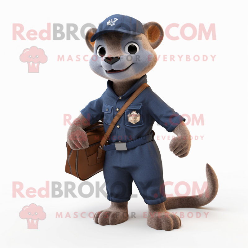 Navy Jaguarundi mascot costume character dressed with a Overalls and Briefcases Navy Jaguarundi mascot costume character dressed with a Overalls and Briefcases