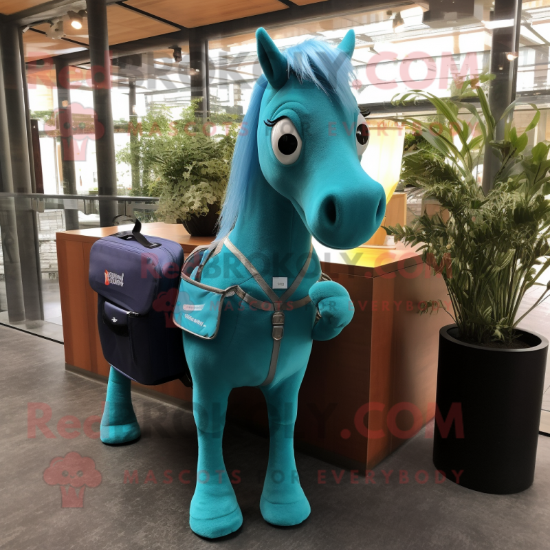 Teal Horse mascot costume character dressed with a Jeggings and Briefcases Teal Horse mascot costume character dressed with a Jeggings and Briefcases