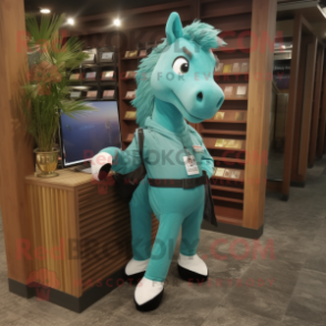 Teal Horse mascot costume character dressed with a Jeggings and Briefcases