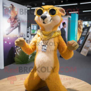 Gold Weasel mascot costume character dressed with a Bikini and Hairpins