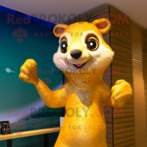 Gold Weasel mascot costume character dressed with a Bikini and Hairpins