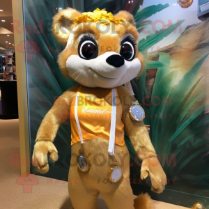 Gold Weasel mascot costume character dressed with a Bikini and Hairpins