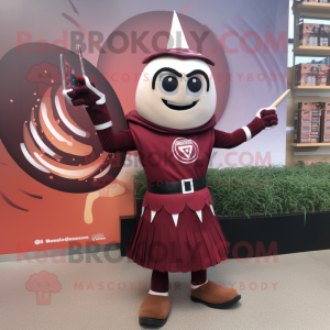 Maroon Knife Thrower mascot costume character dressed with a Pencil Skirt and Rings