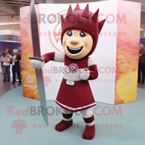 Maroon Knife Thrower mascot costume character dressed with a Pencil Skirt and Rings