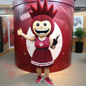 Maroon Knife Thrower mascot costume character dressed with a Pencil Skirt and Rings