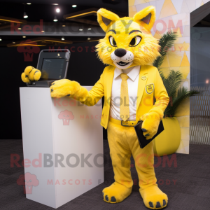 Yellow Lynx mascot costume character dressed with a Suit and Wallets