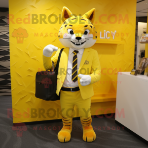 Yellow Lynx mascot costume character dressed with a Suit and Wallets