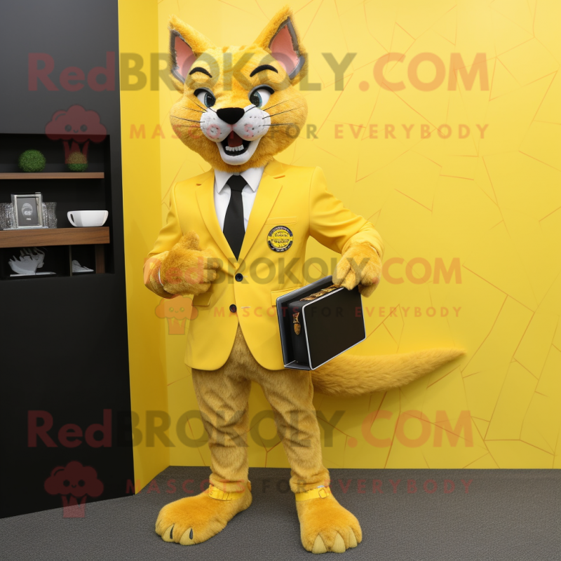 Yellow Lynx mascot costume character dressed with a Suit and Wallets Yellow Lynx mascot costume character dressed with a Suit and Wallets