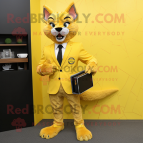Yellow Lynx mascot costume character dressed with a Suit and Wallets