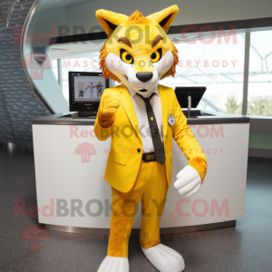Yellow Lynx mascot costume character dressed with a Suit and Wallets