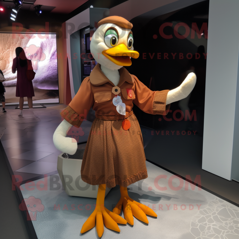 Brown Muscovy Duck mascot costume character dressed with a Midi Dress and Anklets