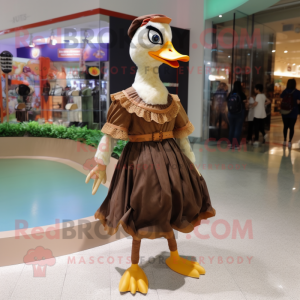 Brown Muscovy Duck mascot costume character dressed with a Midi Dress and Anklets