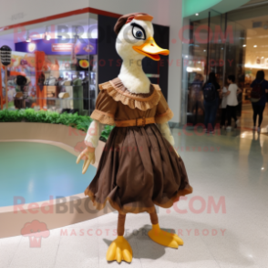 Brown Muscovy Duck mascot costume character dressed with a Midi Dress and Anklets