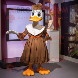Brown Muscovy Duck mascot costume character dressed with a Midi Dress and Anklets