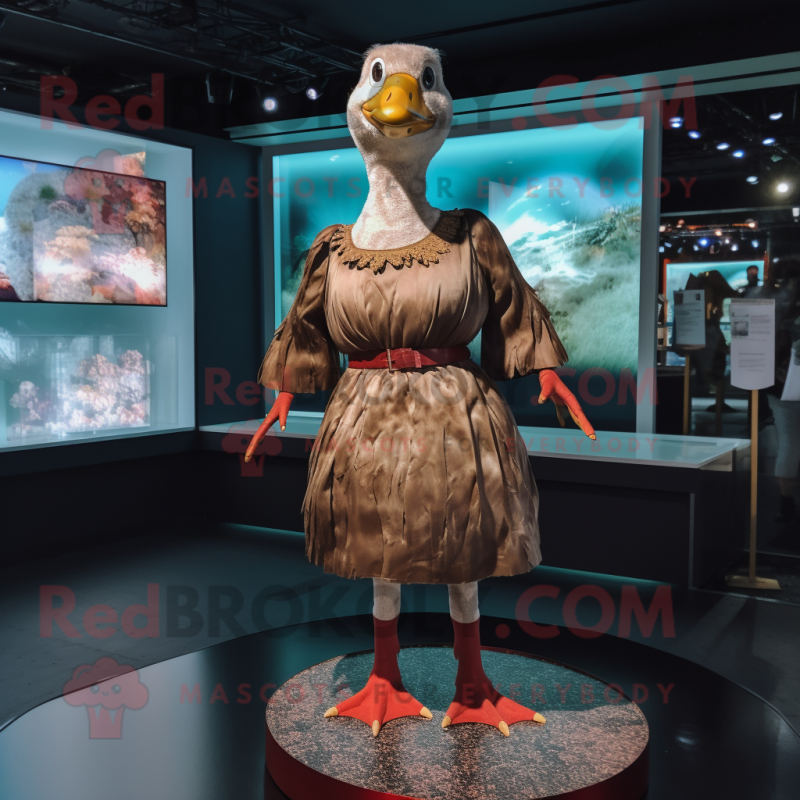 Brown Muscovy Duck mascot costume character dressed with a Midi Dress and Anklets