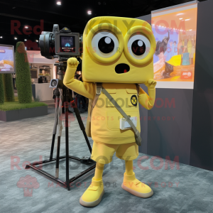 Lemon Yellow Camera mascot costume character dressed with a Cargo Shorts and Earrings