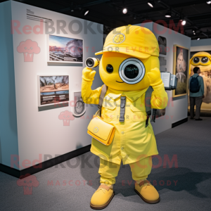 Lemon Yellow Camera mascot costume character dressed with a Cargo Shorts and Earrings