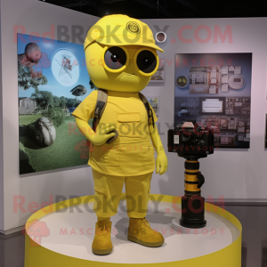 Lemon Yellow Camera mascot costume character dressed with a Cargo Shorts and Earrings