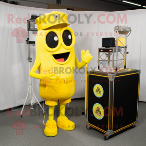 Lemon Yellow Camera mascot costume character dressed with a Cargo Shorts and Earrings