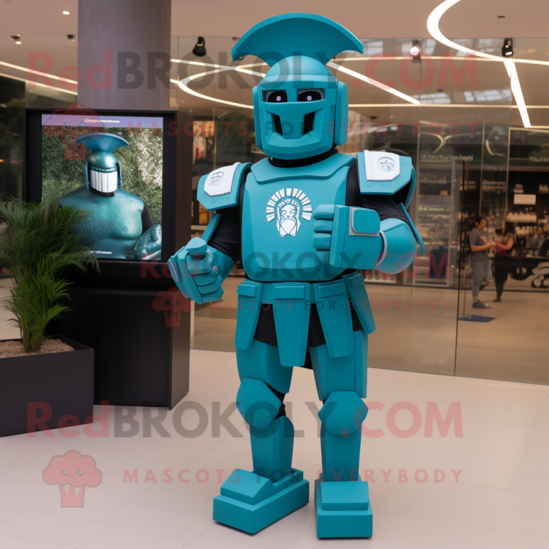 Turquoise Spartan Soldier mascot costume character dressed with a Polo Tee and Digital watches