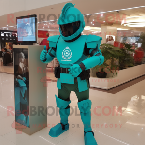 Turquoise Spartan Soldier mascot costume character dressed with a Polo Tee and Digital watches