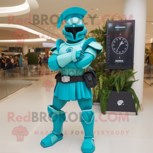 Turquoise Spartan Soldier mascot costume character dressed with a Polo Tee and Digital watches