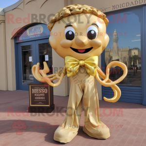 Gold Medusa mascot costume character dressed with a Mom Jeans and Bow ties