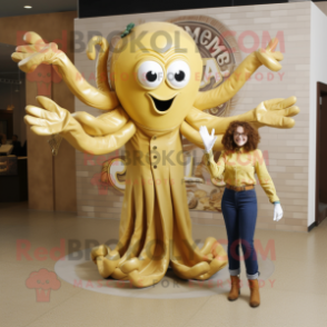 Gold Medusa mascot costume character dressed with a Mom Jeans and Bow ties