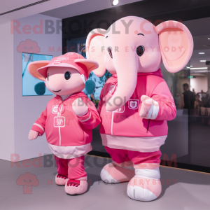 Pink Elephant mascot costume character dressed with a Windbreaker and Smartwatches