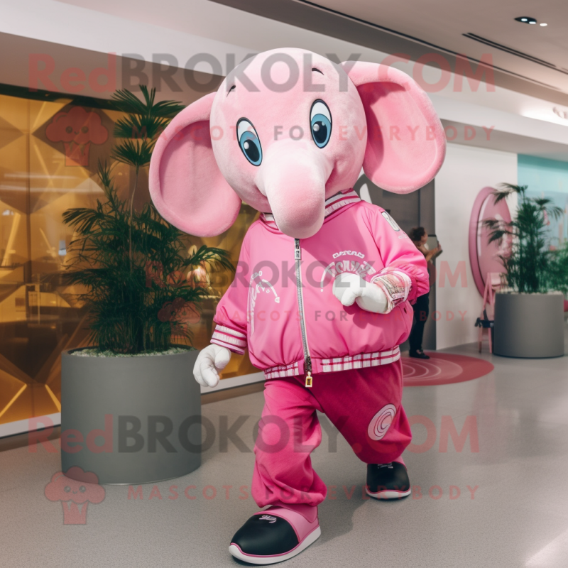 Pink Elephant mascot costume character dressed with a Windbreaker and Smartwatches