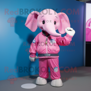 Pink Elephant mascot costume character dressed with a Windbreaker and Smartwatches