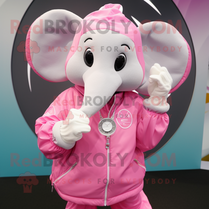 Pink Elephant mascot costume character dressed with a Windbreaker and Smartwatches Pink Elephant mascot costume character dressed with a Windbreaker and Smartwatches