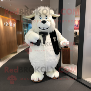 White Yak mascot costume character dressed with a Tuxedo and Clutch bags