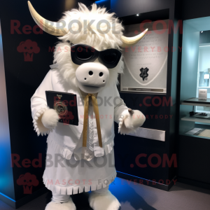 White Yak mascot costume character dressed with a Tuxedo and Clutch bags