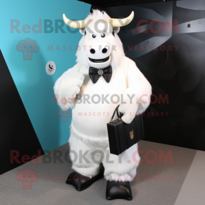 White Yak mascot costume character dressed with a Tuxedo and Clutch bags