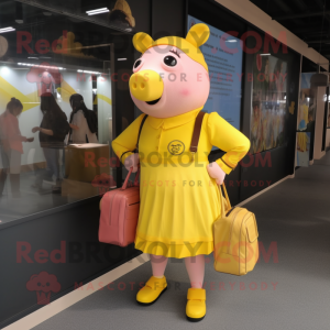 Yellow Sow mascot costume character dressed with a Midi Dress and Messenger bags