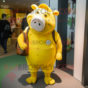 Yellow Sow mascot costume character dressed with a Midi Dress and Messenger bags