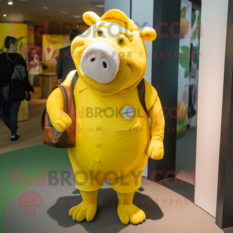 Yellow Sow mascot costume character dressed with a Midi Dress and Messenger bags Yellow Sow mascot costume character dressed with a Midi Dress and Messenger bags
