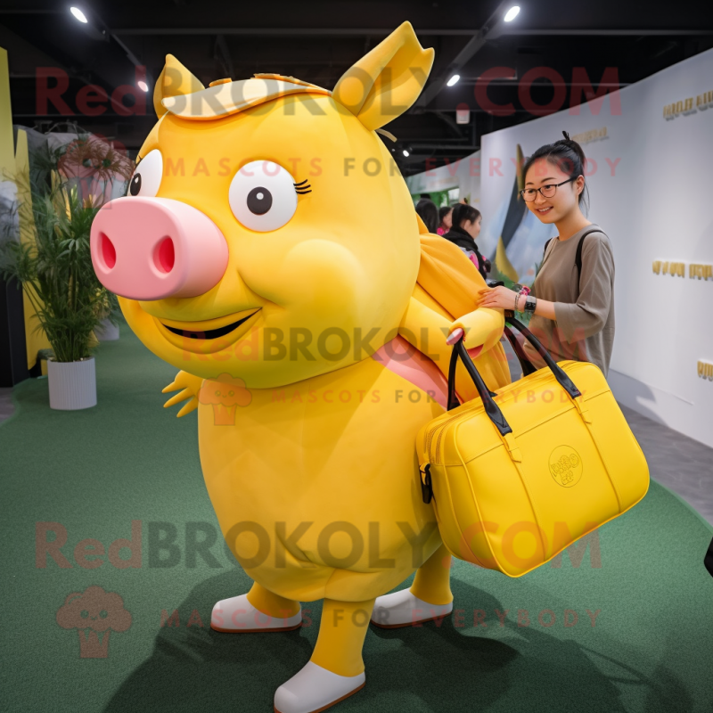 Yellow Sow mascot costume character dressed with a Midi Dress and Messenger bags