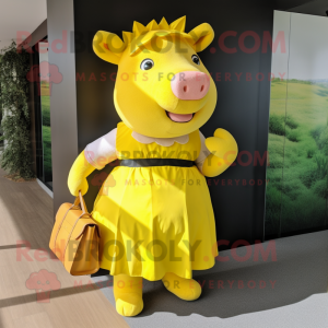 Yellow Sow mascot costume character dressed with a Midi Dress and Messenger bags