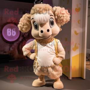 Beige Ram mascot costume character dressed with a Playsuit and Hair clips