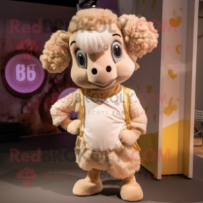 Beige Ram mascot costume character dressed with a Playsuit and Hair clips