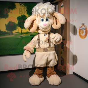 Beige Ram mascot costume character dressed with a Playsuit and Hair clips